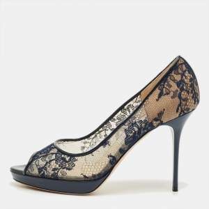 Pre Owned Jimmy Choo Navy Blue Lace and Patent Leather Luna Peep Toe Pumps Size 40