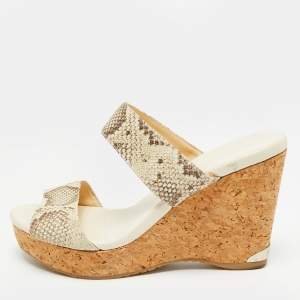 Pre Owned Jimmy Choo Off White/Grey Snakeskin Embossed Leather Cork Platform Wedge Sandals Size 39