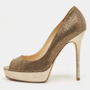 Pre Owned Jimmy Choo Gold Leather and Lurex Fabric Dahlia Platform Peep Toe Pumps Size 36.5