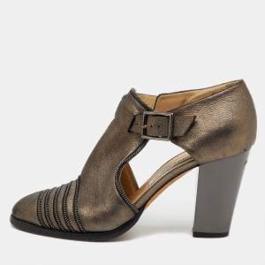 Pre Owned Jimmy Choo Grey Leather Zip Detail Block Heel Pumps Size 39.5