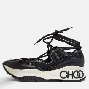 Pre Owned Jimmy Choo Size 40 Black Leather, Mesh and Patent Leather Lace Up Sneakers