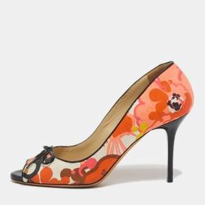 مملوكة مسبقًا Jimmy Choo Size 36 Multicolor Floral Print Canvas Bow Peep Toe Pumps