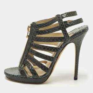Pre Owned Jimmy Choo Size 38.5 Green Python Leather Strappy  Sandals
