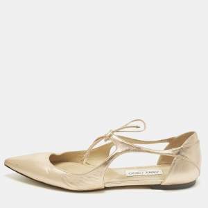 مملوكة مسبقًا حذاء باليرينا فلات جيمي تشو فانيسا جلد ذهبي برباط عند الكاحل مقاس 42