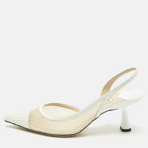 Pre Owned Jimmy Choo Fetto Size 37.5 White Mesh and Patent Leather D'orsay Pumps