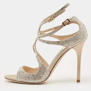 Pre Owned Jimmy Choo Lang Size 36.5 Beige Crystal Embellished Suede Ankle Strap Sandals