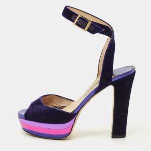 مملوكة مسبقًا Jimmy Choo Size 38 Purple Velvet Platform Ankle Wrap Sandals