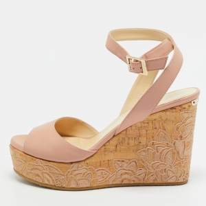 Pre Owned Jimmy Choo Patara Size 39 Pink Leather Embroidered cork Wedge Sandals
