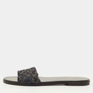 Pre Owned صندل جيمي تشو قماش منسوج أزرق بحري/رمادي مسطح مقاس 37