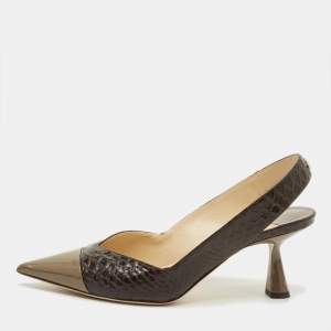 Pre Owned Jimmy Choo liya Size 36 Brown/Grey Patent and Python Embossed Leather Slingback Pumps