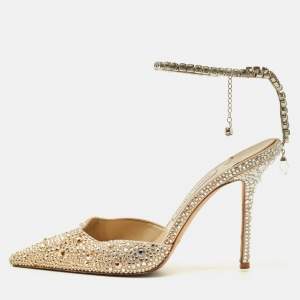 مملوكة مسبقًا Jimmy Choo Saeda Size 39 Beige Satin Crystal Embellishments Ankle Strap Pumps