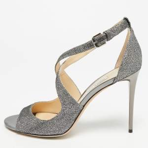 Pre Owned Jimmy Choo Emily Size 40 Grey Coarse Glitter and Leather Ankle Strap Sandals