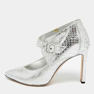 Pre Owned حذاء كعب عالي جيمي تشو برايفت مقدمة مفتوحة جلد بايثون فضي معدني مقاس 37.5