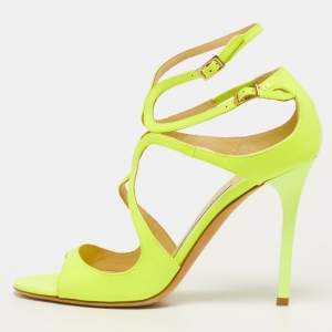 Pre Owned Jimmy Choo Lance Size 37 Yellow Leather Ankle Strap Sandals