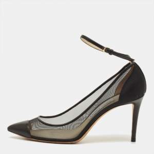 Pre Owned حذاء كعب عالي جيمي تشو جلد أسود وشبك حزام على الكاحل مقاس 38