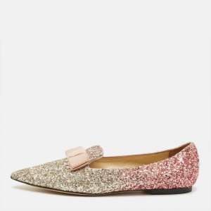 مملوكة مسبقًا Jimmy Choo Gala Size 38 Metallic Glitter Bow Pointed Toe Ballet Flats