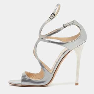Pre Owned Jimmy Choo Lance Size 39 Silver Leather Ankle Strap Sandals
