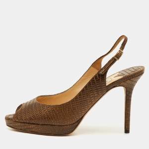 Pre Owned Jimmy Choo Size 39 Brown Python Embossed Leather Peep Toe Platform Sandals