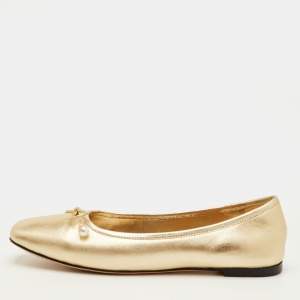 مملوكة مسبقًا Jimmy Choo Elme Bow Size 39 Metallic Gold Leather Ballet Flats