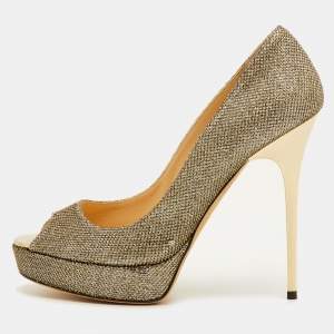 مملوكة مسبقًا Jimmy Choo Luna Size 38.5 Gold Metallic Lurex Fabric Platform Peep Toe Pumps