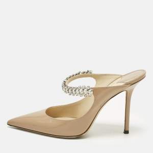 Pre Owned حذاء جيمي تشو بينغ بتمام جلد براءات بيج مزين بالكريستال مقاس 38