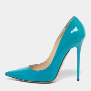 Pre Owned Jimmy Choo Anouk Size 37.5 Teal Blue Patent Leather Pumps