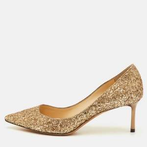 Pre Owned Jimmy Choo Romy Size 37 Metallic Gold Coarse Glitter Pointed Toe Pumps