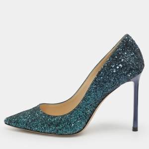 Pre Owned Jimmy Choo Romy Size 37 Green Glitter PoInted Toe Pumps