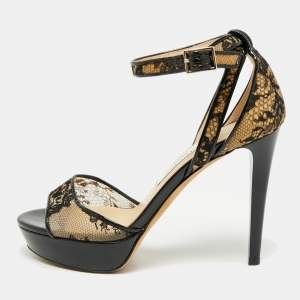 مملوكة مسبقًا Jimmy Choo Fitch Size 37.5 Black/Beige Lace and Patent Leather Ankle Strap Sandals