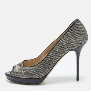 مملوكة مسبقًا Jimmy Choo Luna Size 38 Grey/Black Metallic Lurex Fabric Peep Toe Pumps