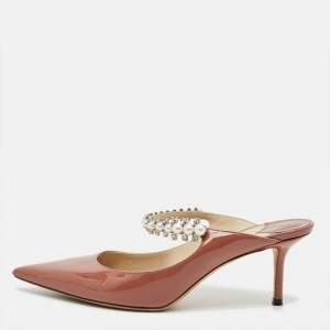 Pre Owned Jimmy Choo Bing 65 Size 38 Brown Patent Leather Crystal Embellished Mules