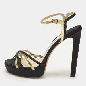 مملوكة مسبقًا Jimmy Choo Size 39 Black/Gold Satin and Leather Ankle Strap Sandals
