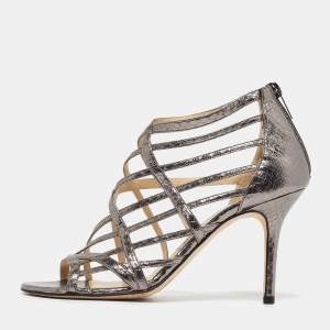 مملوكة مسبقًا Jimmy Choo Size 38 Metallic Snakeskin Embossed Leather Cage Sandals
