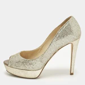 Pre Owned Jimmy Choo Dahlia Gold Glitter Fabric Peep Toe Pumps Size 38.5