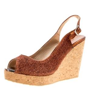 Pre Owned Jimmy Choo Metallic Pop Orange Lurex Prova Slingback Cork Wedge Sandals Size 41