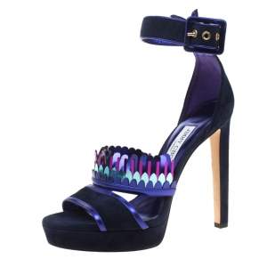 Jimmy Choo Navy Blue Suede Kathleen Peep Toe Ankle Cuff Sandals Size 36