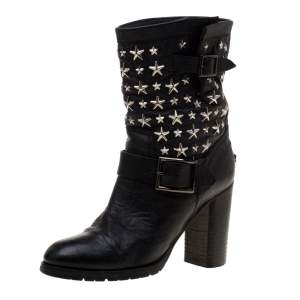 Pre Owned Jimmy Choo Black Star Studded Leather Dart Buckle Detail Block Heel Ankle Boots Size 38