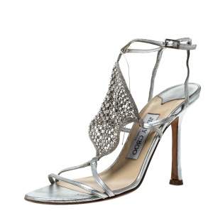 Pre Owned Jimmy Choo Metallic Silver Leather Embellished Ankle Strap Sandals Size 37