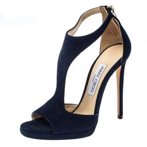 مملوكة مسبقًا Jimmy Choo Blue Suede Lana T Strap Open Toe Sandals Size 38