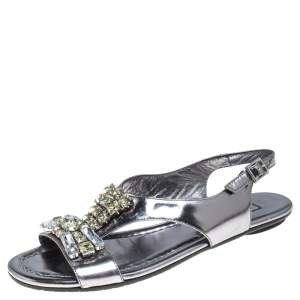 Jimmy Choo Silver Metallic Crystal Embellished Patent Leather Slingback Flat Sandals Size 36