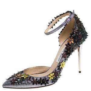 Pre Owned Jimmy Choo Multicolor Glitter Fabric And Leather Floral Embellished Lorelai Ankle Strap Pumps Size 39