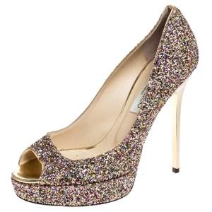 Jimmy Choo Multicolor Glitter Crown Peep Toe Pumps Size 38