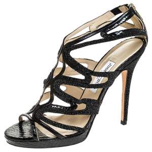 Pre Owned Jimmy Choo Black Python And Stardust Glitter Suede Cutout Open Toe Platform Sandals Size 41