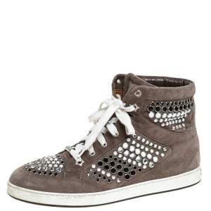 Pre Owned Jimmy Choo Grey Suede Crystal Studded Tokyo High-Top Sneakers Size 38