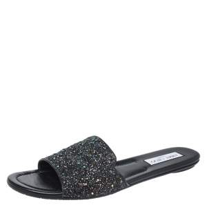 Pre Owned Jimmy Choo Black Twilight Glitter Fabric Joni Slide Flats Size 42