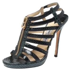 Jimmy Choo Green/Black Python Glenys Gladiator Platform Sandals Size 37.5