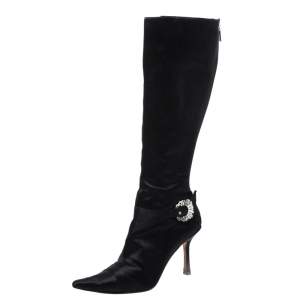 مملوكة مسبقًا Jimmy Choo Black Crystal Embellished Satin Zip Knee Length  Boots Size 38.5
