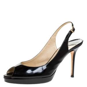 Pre Owned صندل جيمي تشو نعل سميك فتحة كعب جلد لامع أسود مقاس 39