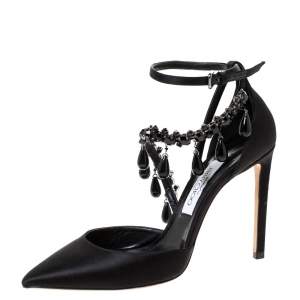 مملوكة مسبقًا Jimmy Choo Black Satin Black Pearl Embellished Victoria Pumps Size 39