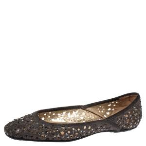Pre Owned Jimmy Choo Metallic Silver Embellished Cut Out Suede Ballet Flats Size 39.5